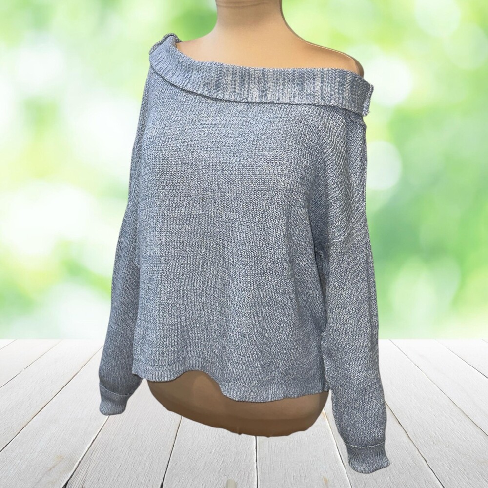 ELAN Off Shoulder Sweater Slouchy Boat Neck 100% Cotton Knit Coastal Blue Size S